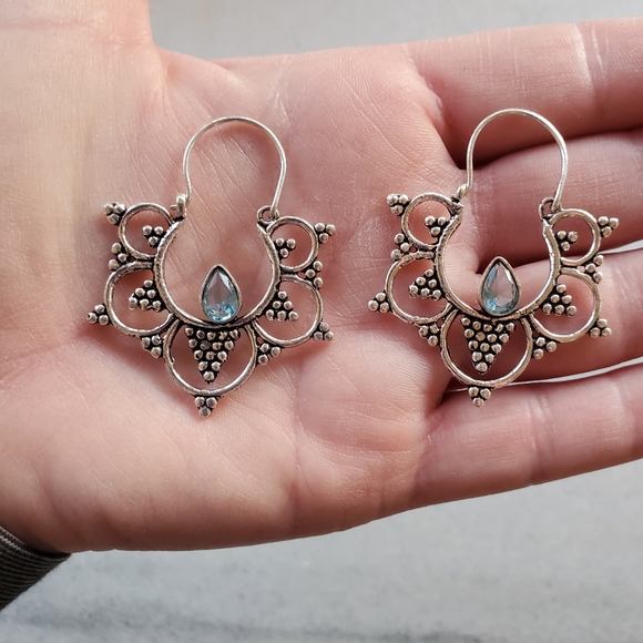 New Round Boho Gypsy Style Blue Quartz Silver Earrings. - Picture 9 of 10